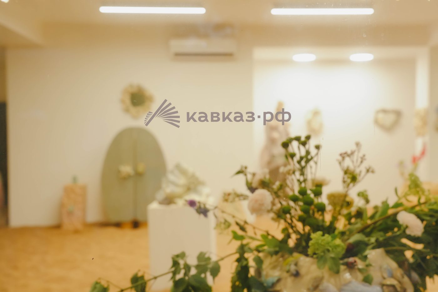 Вид на зал сквозь листву живых растений, на дальней стене — знак Кавказ.РФ
